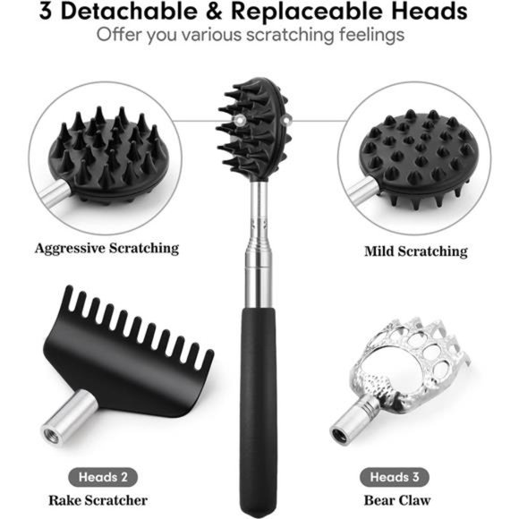 Telescoping Back Scratcher with 3Pcs Detachable Scratching Heads, Back Scratcher - Picture 3 of 6